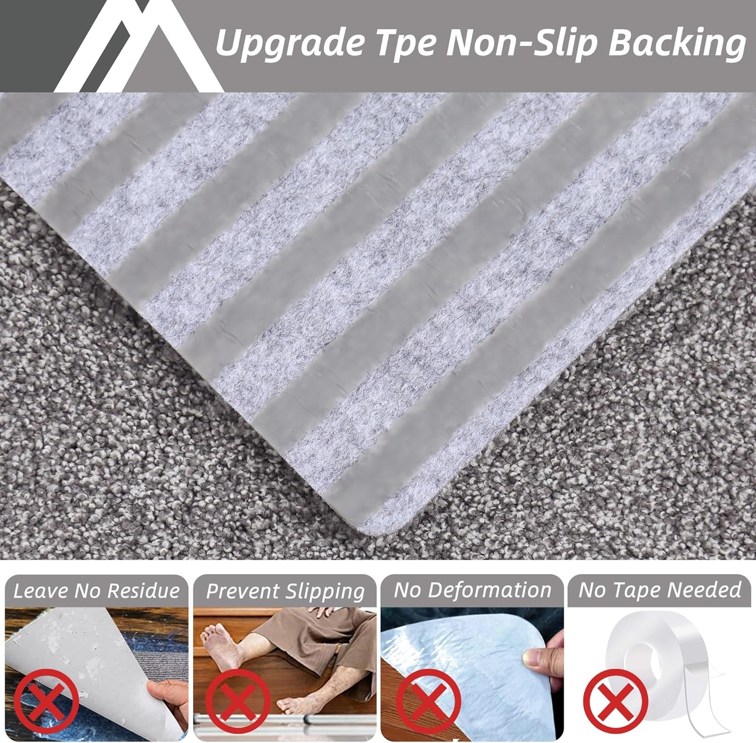 Non-slip stair treads with TPE backing, measuring 22 x 70 cm. Machine washable, self-adhesive pads are made of 100% polyester