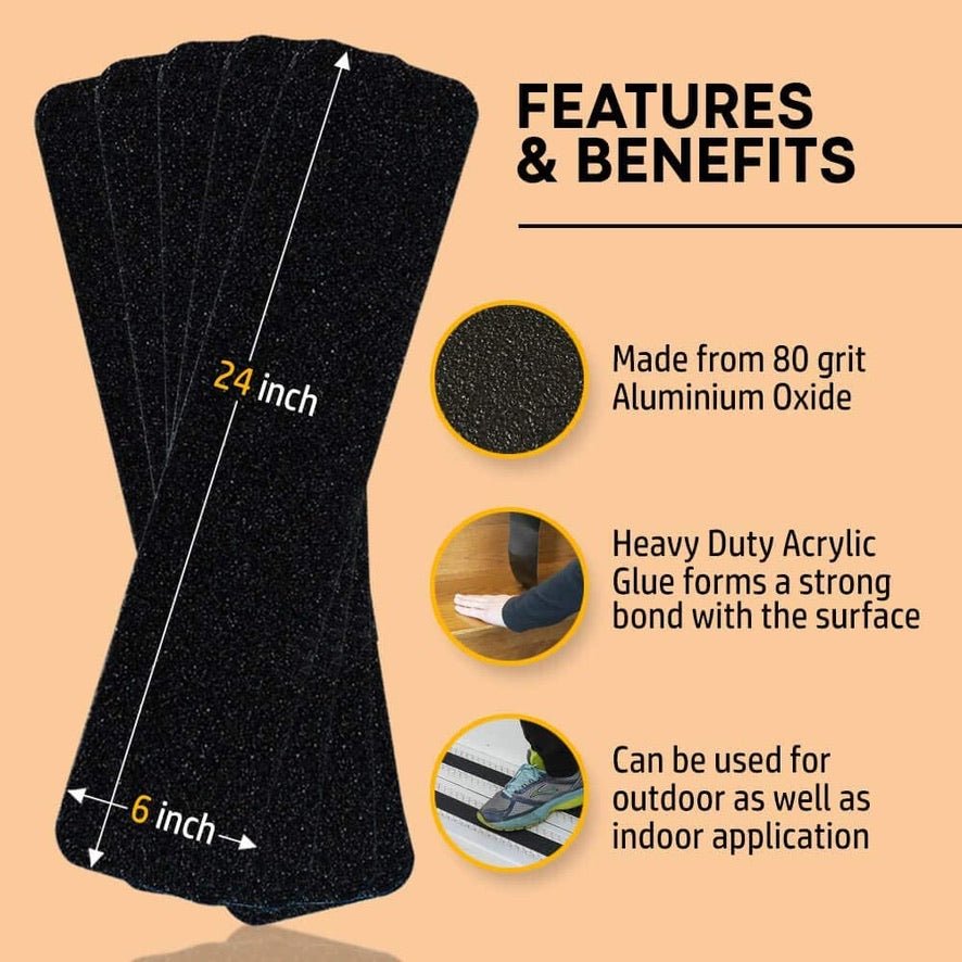 5x Anti - Slip Tape Treads 150mm x 610mm Black - High - Traction Non - Slip Safety Tape - Slips Away - Anti slip tape - SA096 -