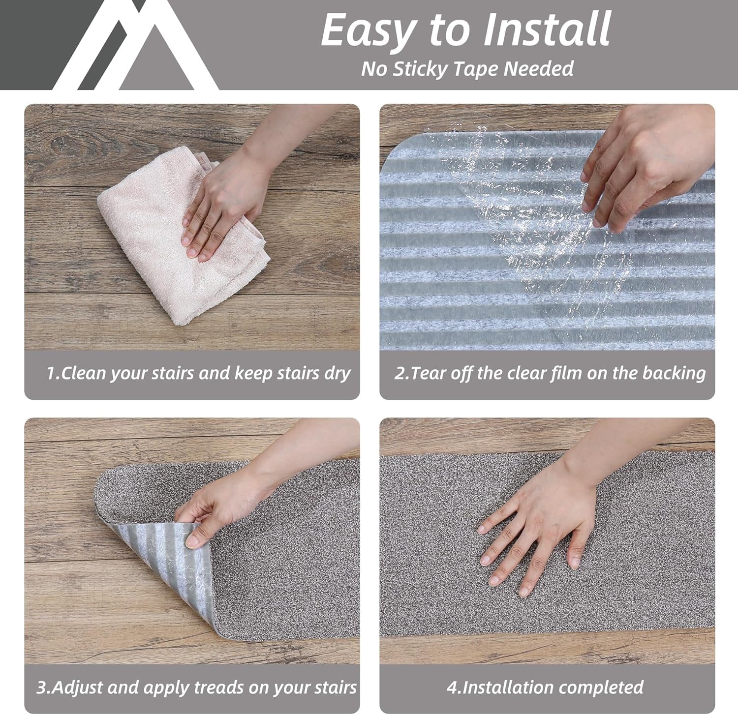 Non-slip stair treads with TPE backing, measuring 22 x 70 cm. Machine washable, self-adhesive pads are made of 100% polyester