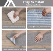 Non-slip stair treads with TPE backing, measuring 22 x 70 cm. Machine washable, self-adhesive pads are made of 100% polyester