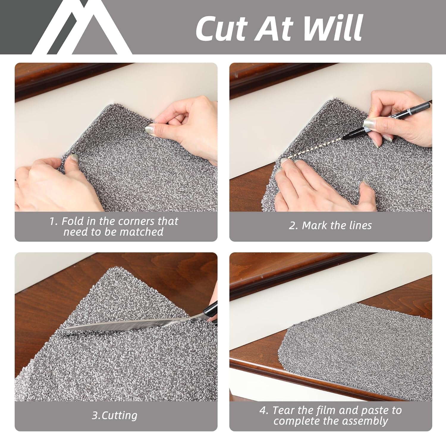 Non-slip stair treads with TPE backing, measuring 22 x 70 cm. Machine washable, self-adhesive pads are made of 100% polyester