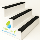 Three white steps with black GRP nosing and Slips Away logo on a white background