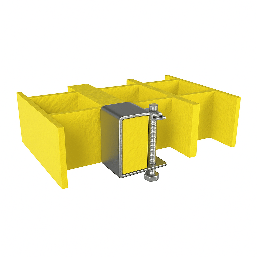 3D diagram showing a C Clip securing two adjacent GRP grating panels together, with stainless steel bolt and nut fixing the clip in place across the panel join.”
