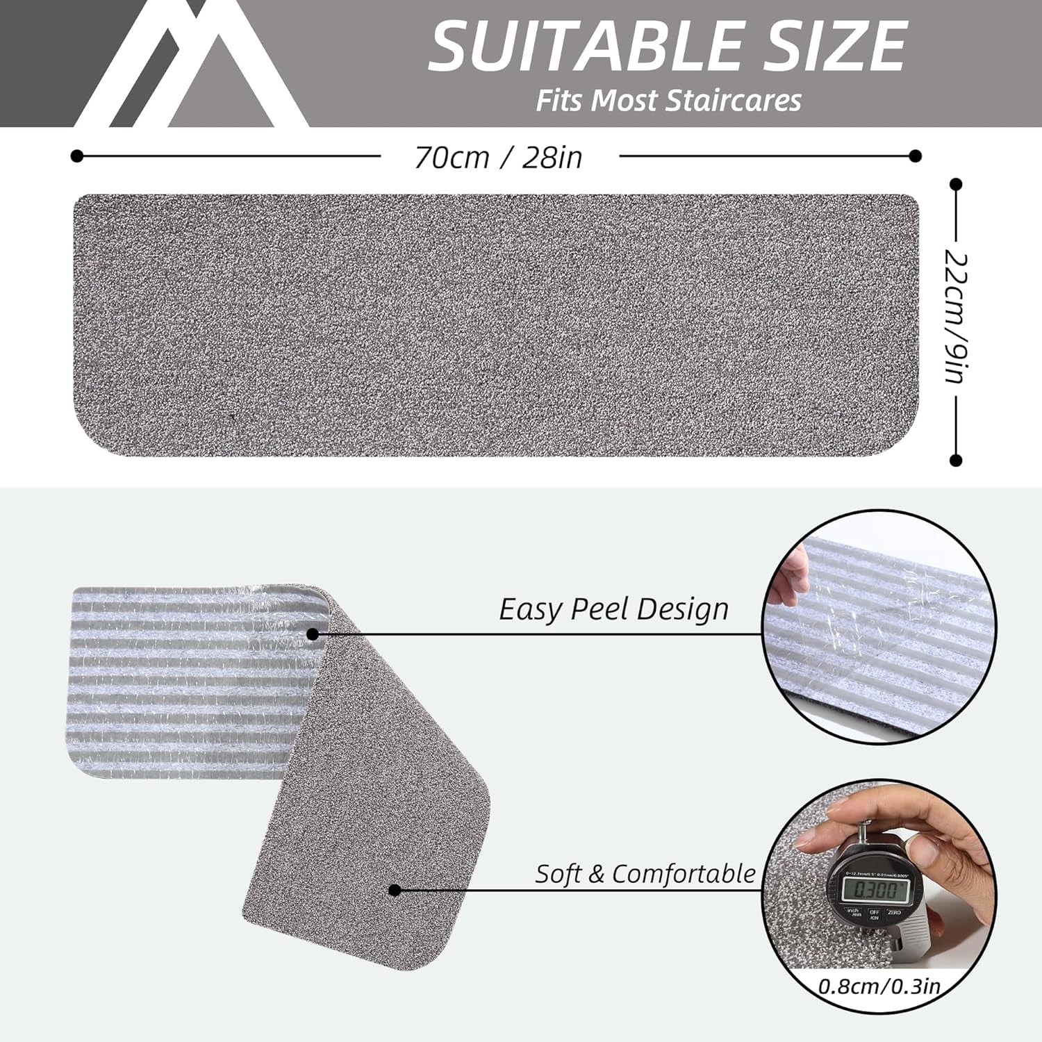 Non-slip stair treads with TPE backing, measuring 22 x 70 cm. Machine washable, self-adhesive pads are made of 100% polyester