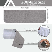 Non-slip stair treads with TPE backing, measuring 22 x 70 cm. Machine washable, self-adhesive pads are made of 100% polyester