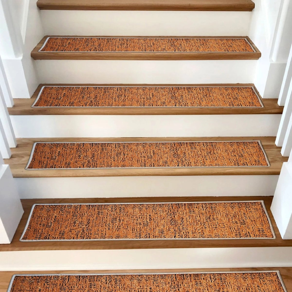 Ethnic Tile Stair Treads Rug, Copper Colour Carpet, Aesthetic Stair Runner, Ultra Thin Stair Mat, Step Pad, Non-Slip Rug, Washable Carpet - Slips Away - 1684571111_4327180405 -