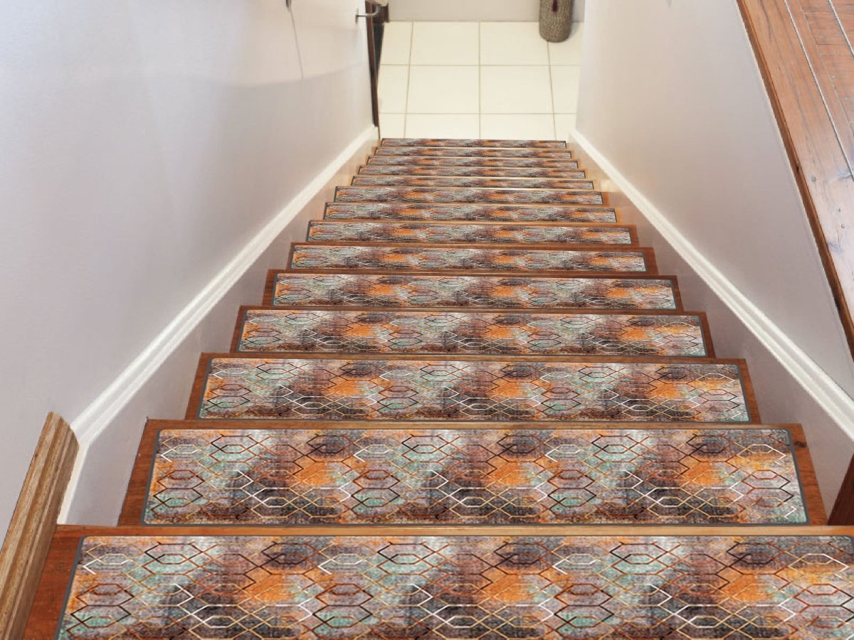 Geometric Stair Treads Carpet, Stair Carpet, Aesthetic Stair Runner, Ultra Thin Stair Mat, Non-Slip Rug, Machine Washable Rug, - Slips Away - stair treads - 1541297119_3730501326 -