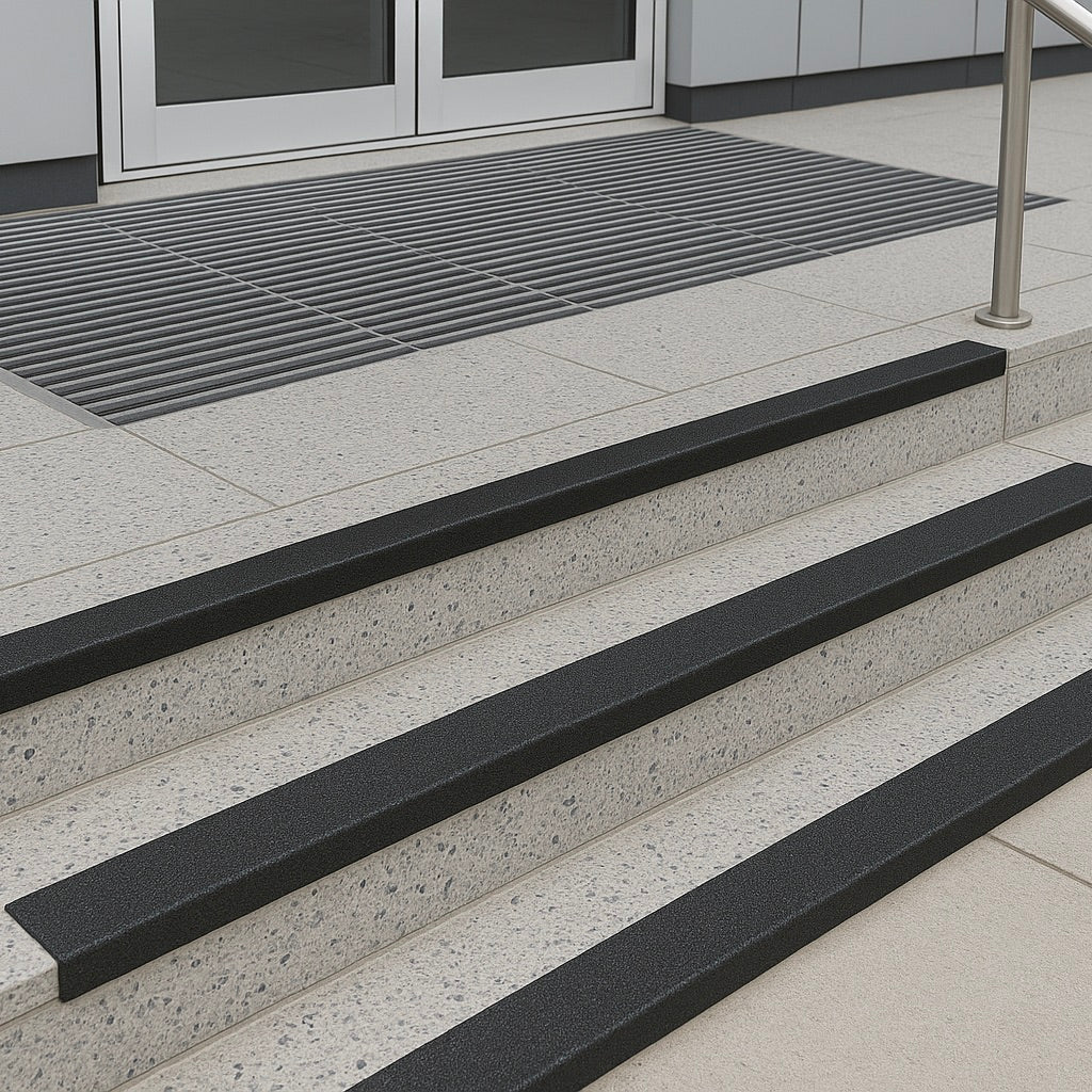 Modern commercial building entrance featuring terrazzo concrete steps with black 55mm anti-slip GRP nosings, stainless steel handrail, and metal drainage grate, providing durable slip resistance for public access.