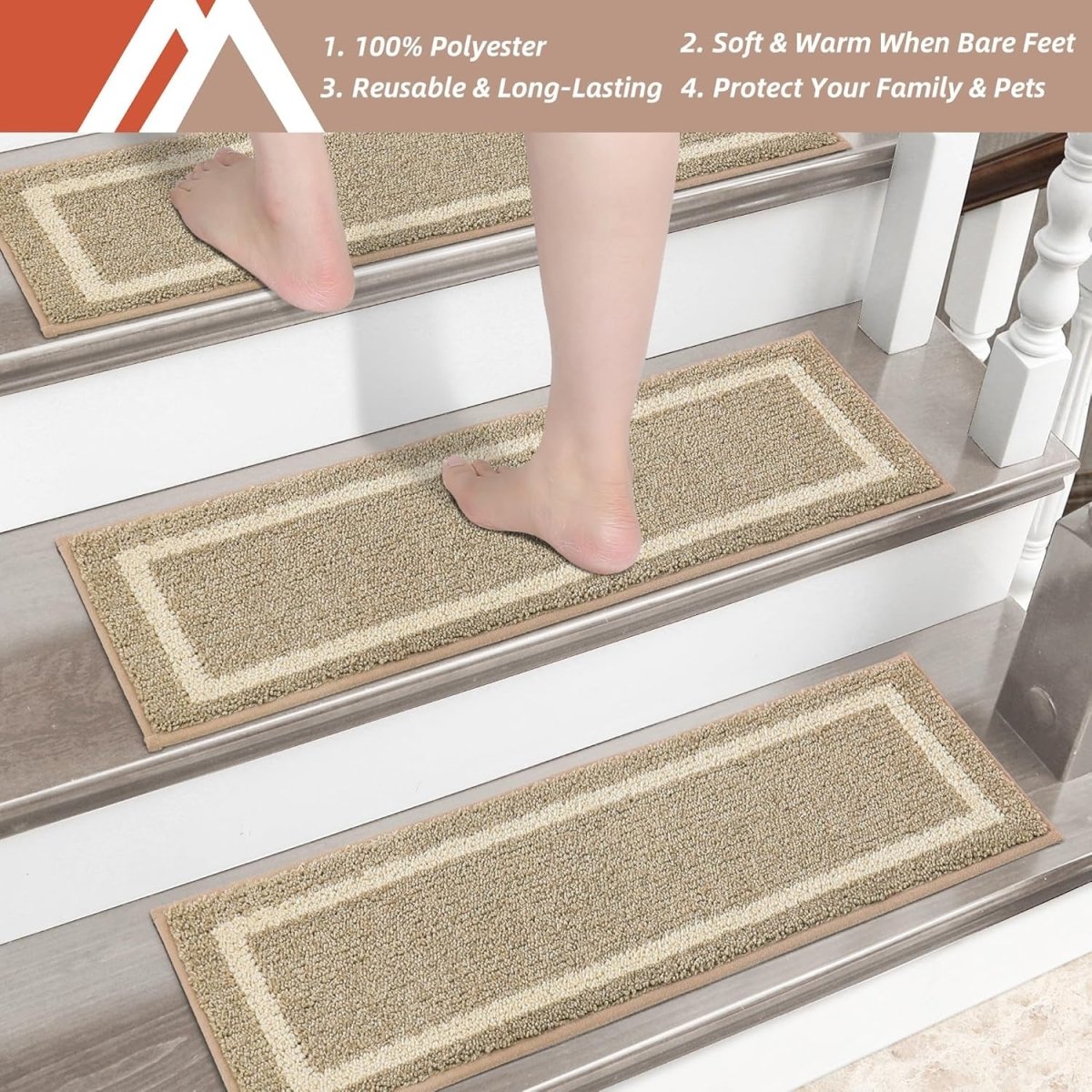Indoor non - slip stair treads are ideal for children, seniors, and pets. Made of 100% polyester with TPE backing, machine washable. - Slips Away - B0CSDDV2G2 -