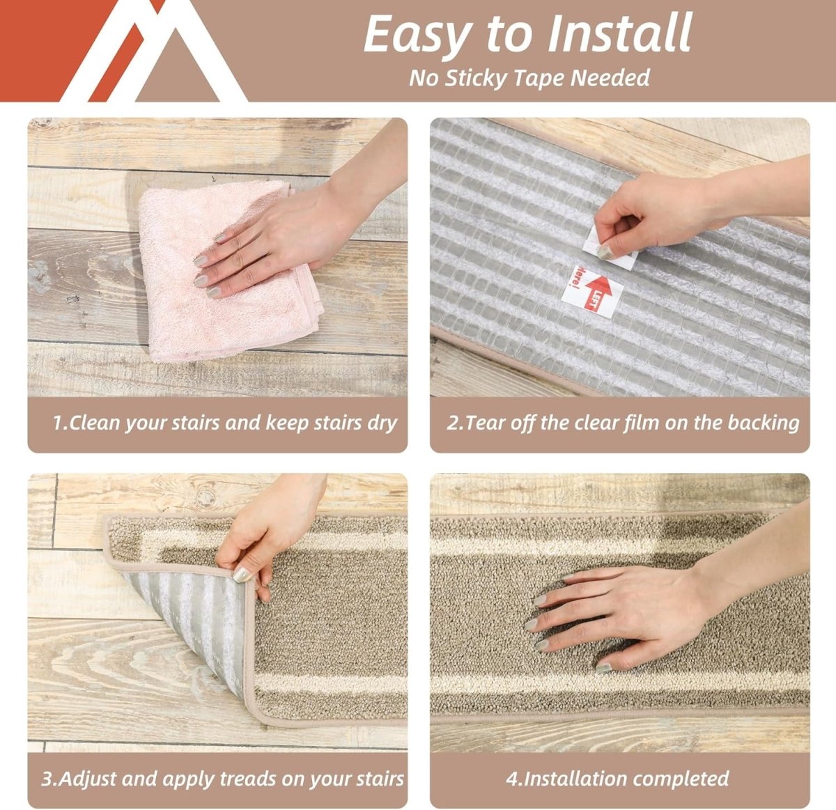 Indoor non - slip stair treads are ideal for children, seniors, and pets. Made of 100% polyester with TPE backing, machine washable. - Slips Away - B0CSDDV2G2 -