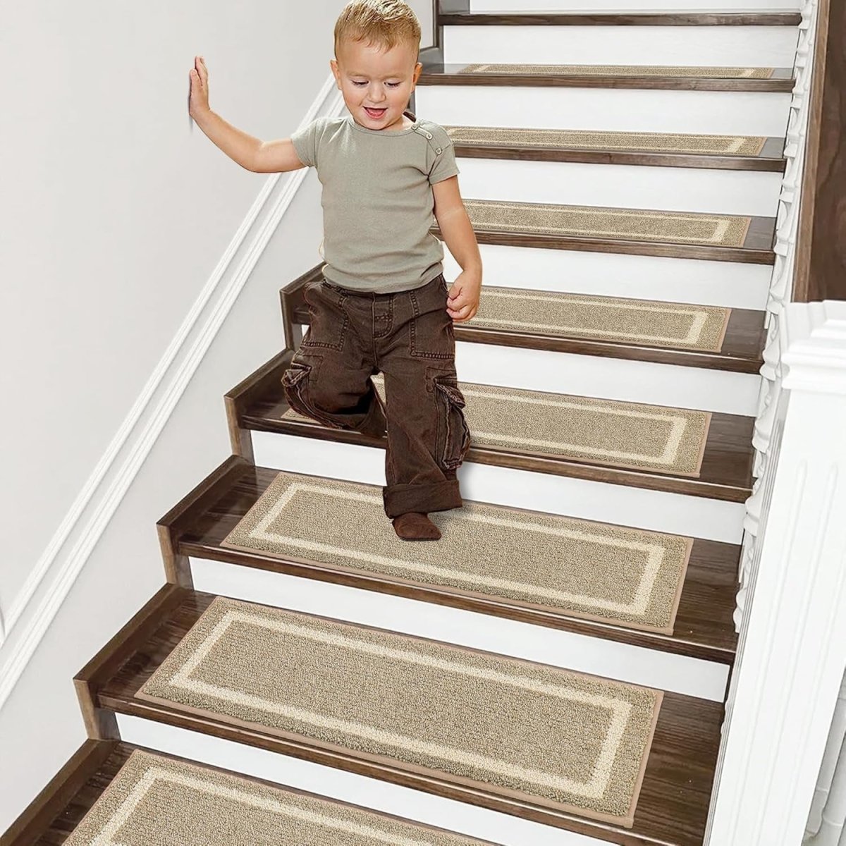 Indoor non - slip stair treads are ideal for children, seniors, and pets. Made of 100% polyester with TPE backing, machine washable. - Slips Away - B0CSDDV2G2 -