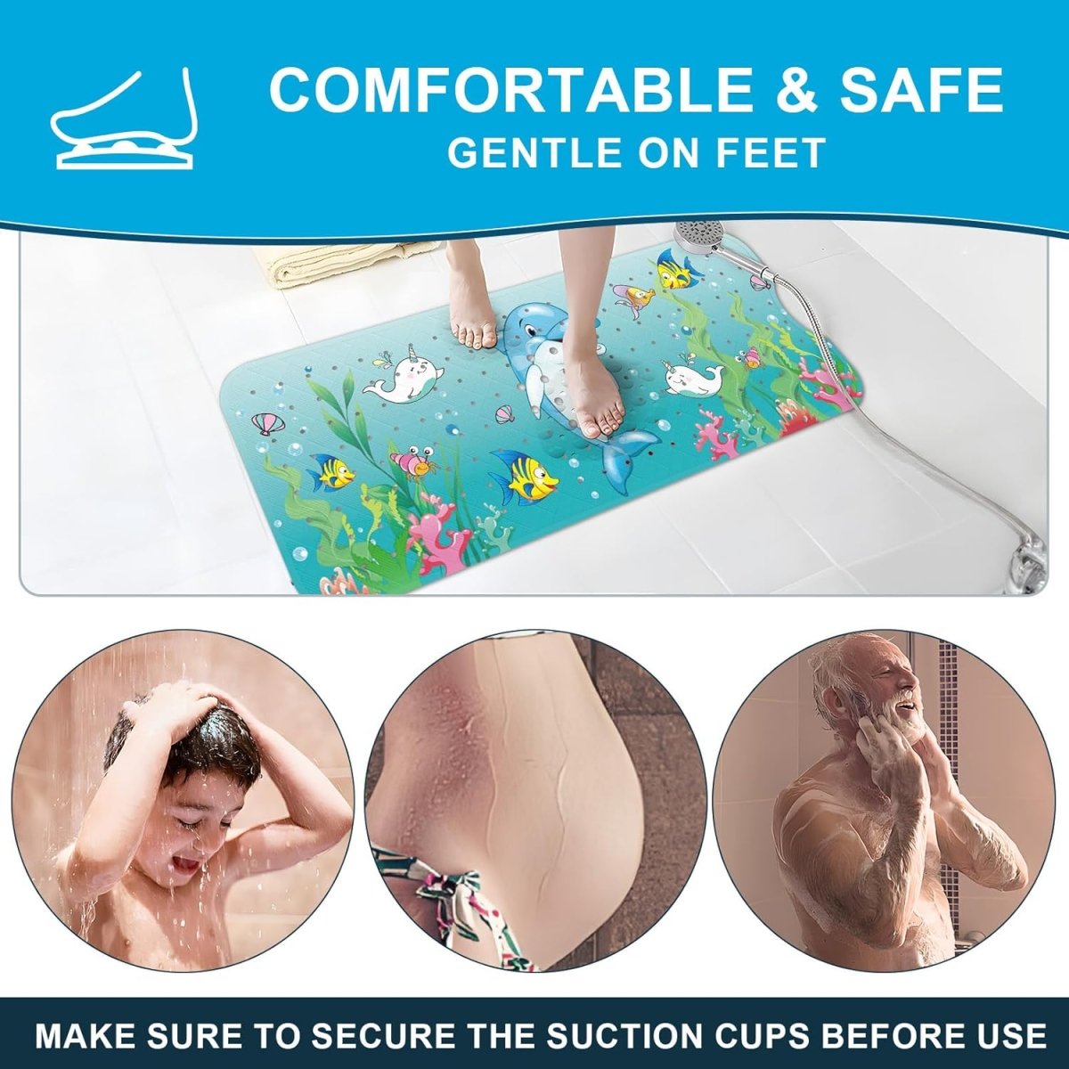Kids Bath Mat Non Slip 100X40Cm Extra Large with Suction Cups & Drain Holes, Machine Washable - Slips Away - B09NM5C4YQ -