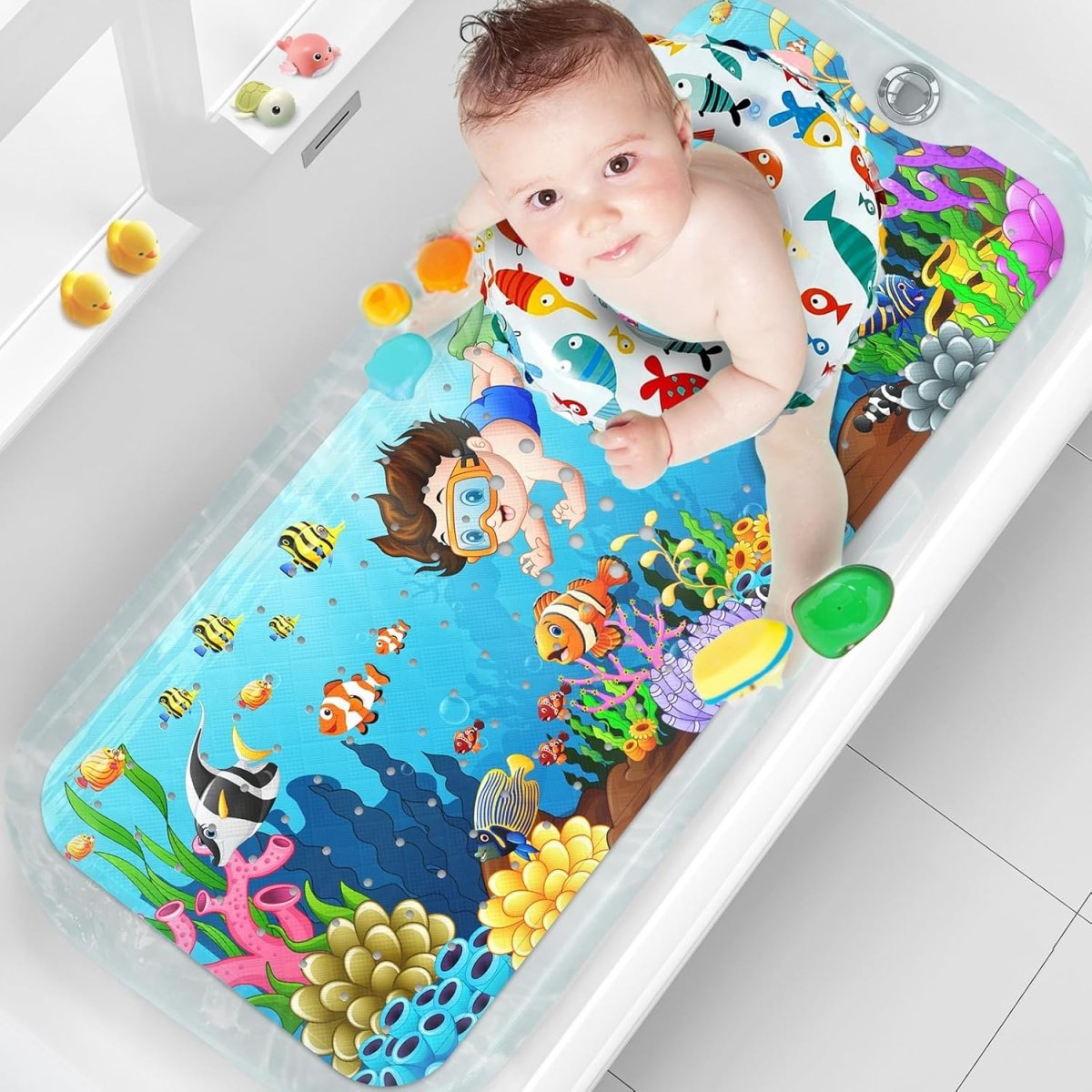 Kids Bath Mat Non Slip 100X40Cm Extra Large with Suction Cups & Drain Holes, Machine Washable - Slips Away - B0C6PDC8TK -