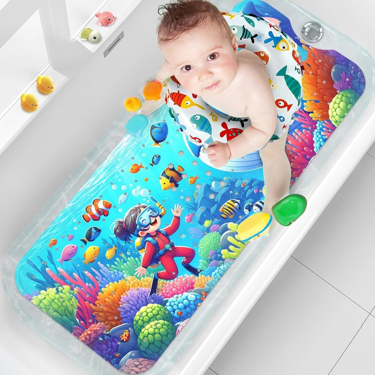 Kids Bath Mat Non Slip 100X40Cm Extra Large with Suction Cups & Drain Holes, Machine Washable - Slips Away - B0C6PDC8TK -