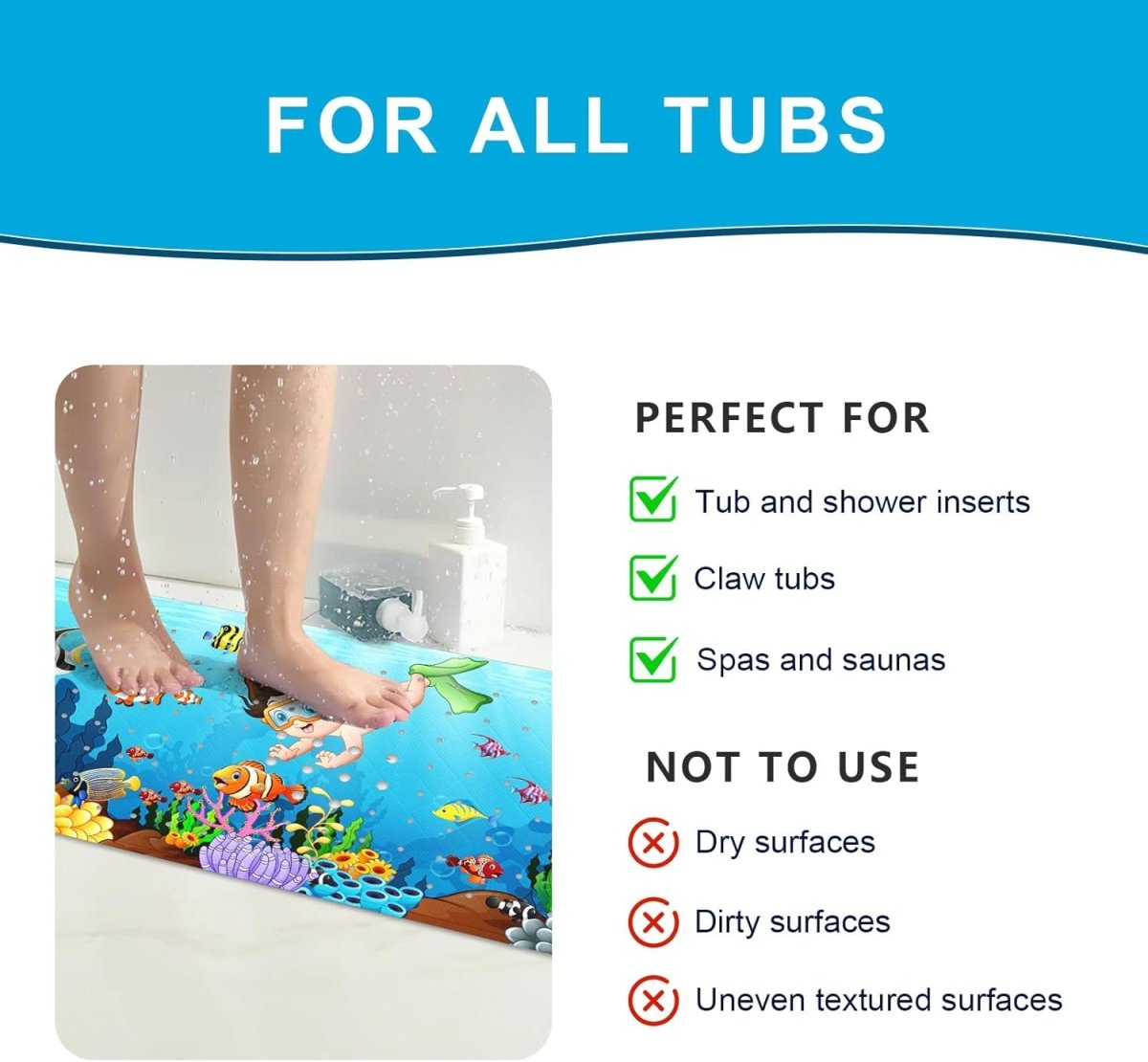 Kids Bath Mat Non Slip 100X40Cm Extra Large with Suction Cups & Drain Holes, Machine Washable - Slips Away - B0CFHN1LD1 -