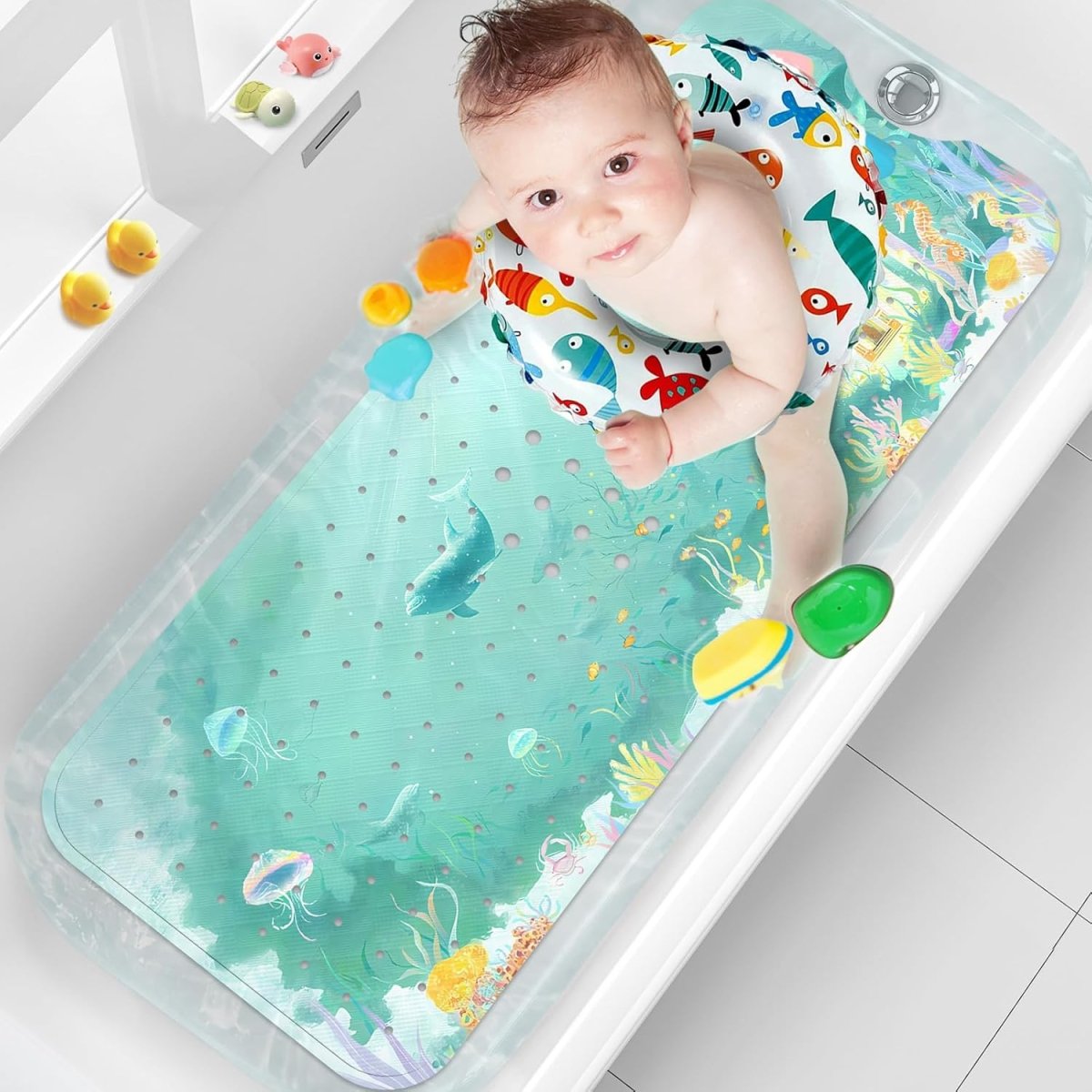 Kids Bath Mat Non Slip 100X40Cm Extra Large with Suction Cups & Drain Holes, Machine Washable - Slips Away - B0CQKYQF75 -
