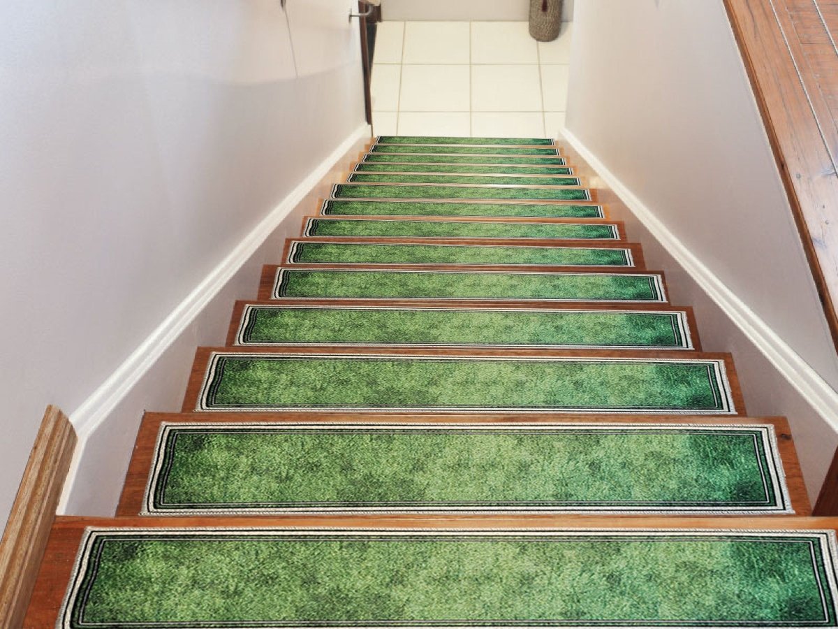 Modern Velvet Green Stair Treads Rug, Stair Carpet, Aesthetic Stair Runner, Ultra Thin Stair Mat, Step Pad, Non-Slip Rug, Washable Carpet - Slips Away - 1677510425_4296727175 -