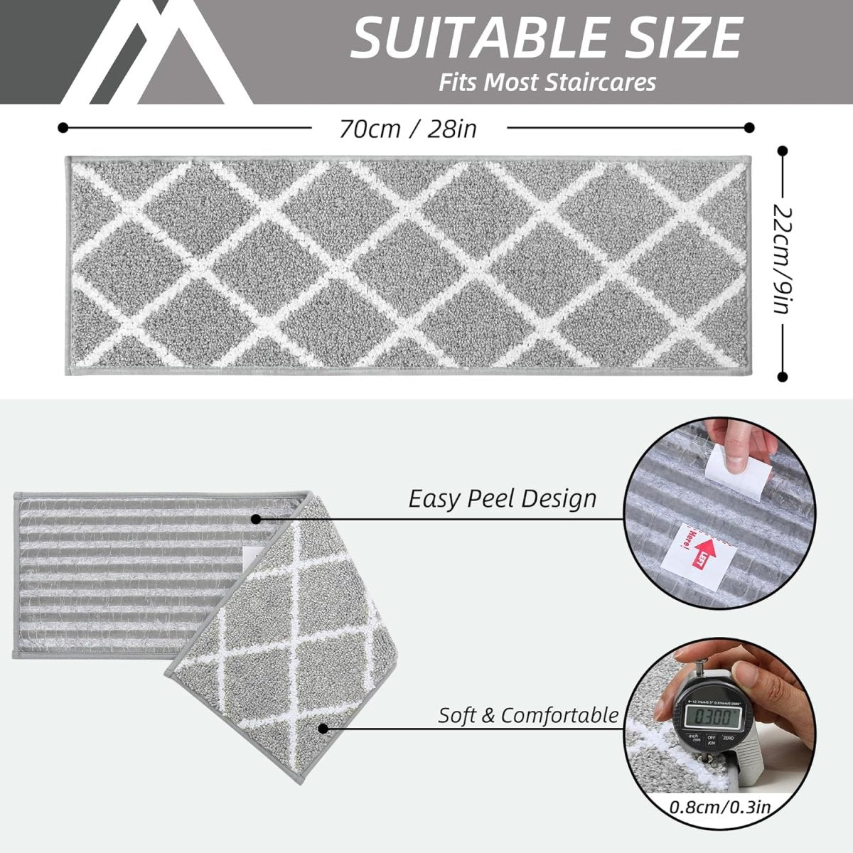 Non - Slip Self - Adhesive Stair Treads - 22x70cm, Washable Indoor Carpet for Stairs - Slips Away - B0D9CMDBSW -