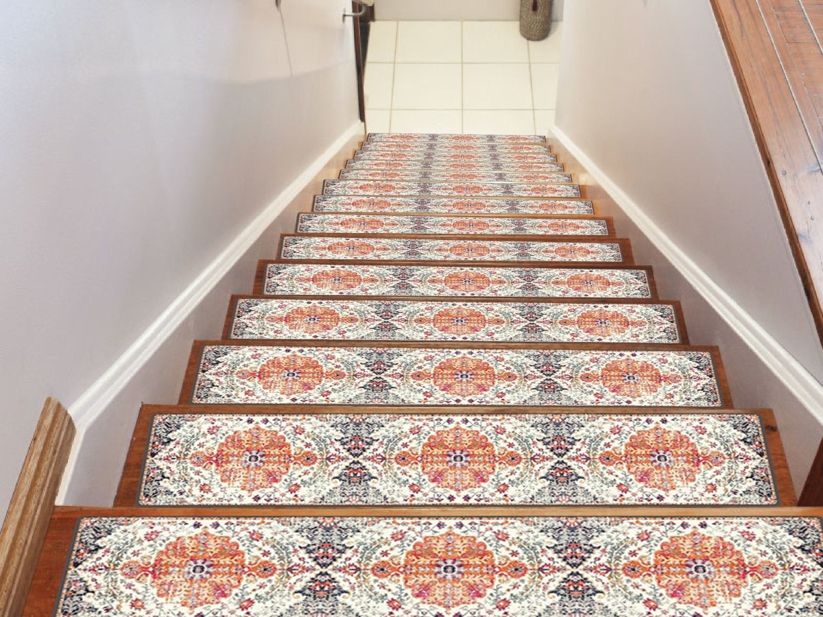 Oriental Stair Treads Carpet, Stair Carpet, Aesthetic Stair Runner, Ultra Thin Stair Mat, Modern Step Pad, Non-Slip, Machine Washable Rug - Slips Away - stair treads - 1541306877_3730534594 -