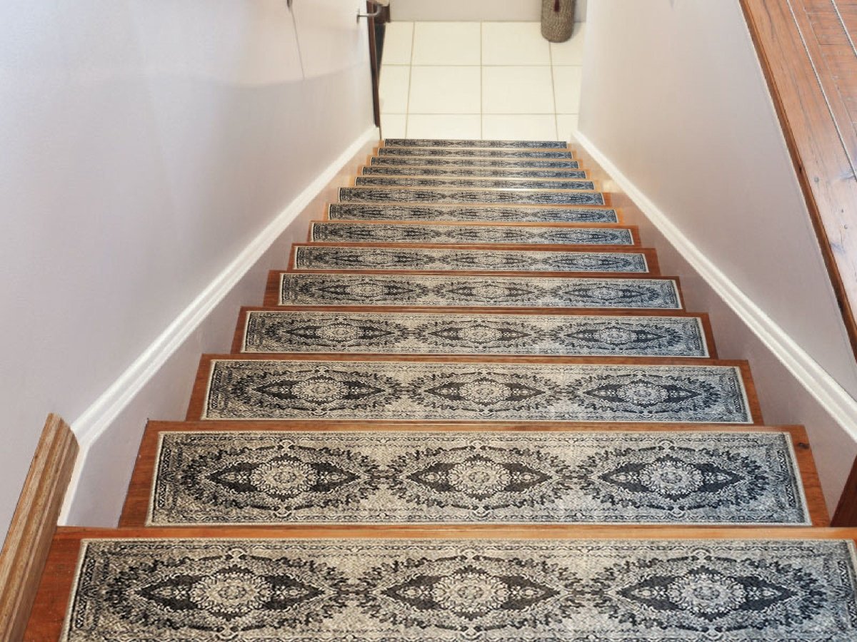 Persian Stair Treads Rug Grey, Stair Carpet, Aesthetic Stair Runner, Ultra Thin Stair Mat, Modern Step Pad, Non-Slip Rug, Washable Carpet - Slips Away - 1667032440_4312111315 -