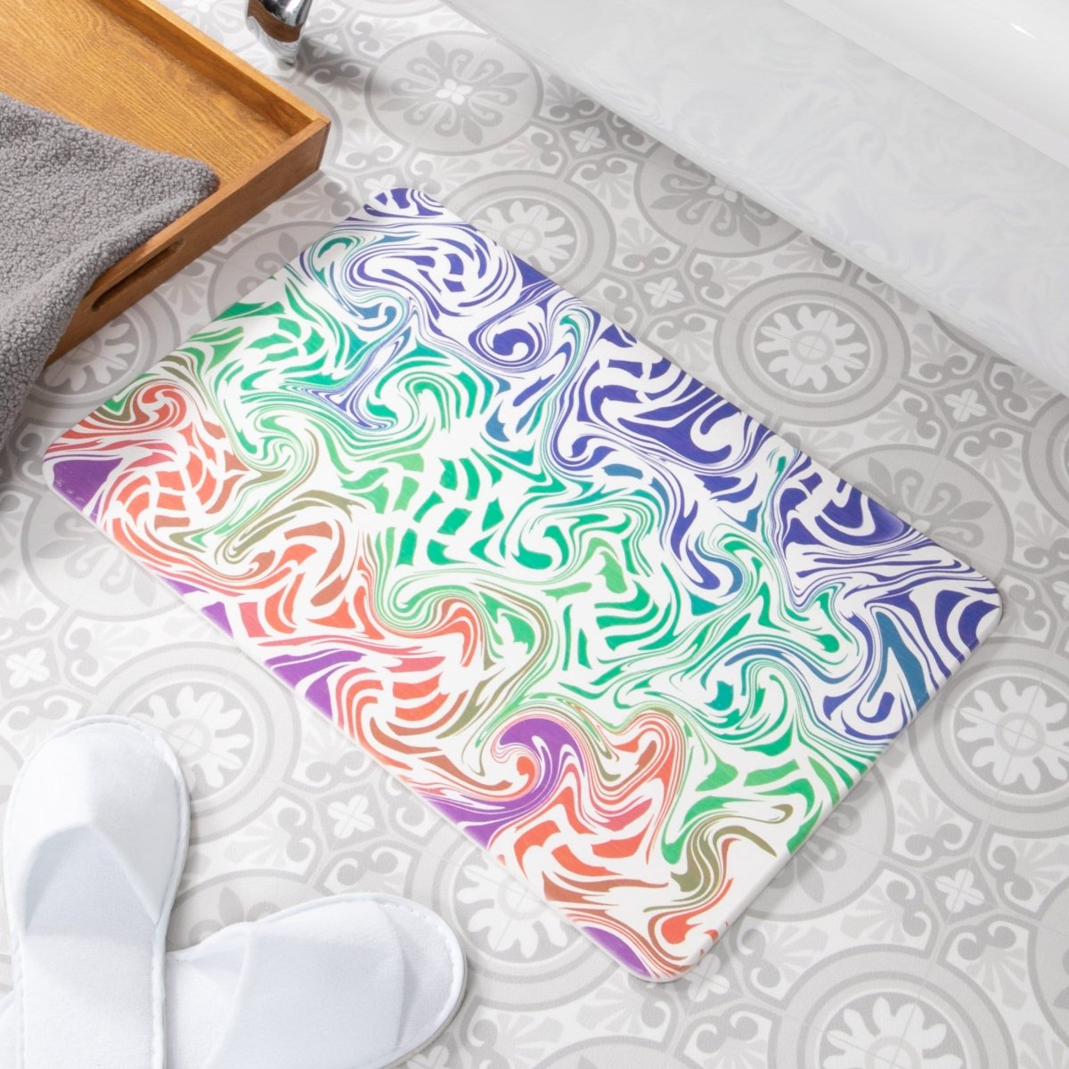 Rainbow Swirls Bathmat - Beautiful Swirls Mat - Natural & Eco-Friendly - Beach Home -Bathroom Decor - White Stone Nonslip Bath Mat - 39X60Cm - Slips Away - 1330581974 -