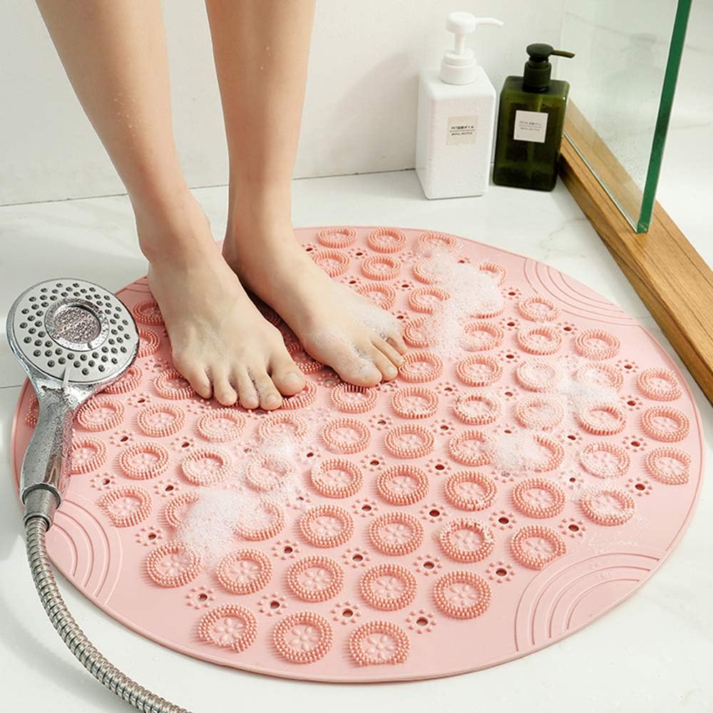 Shower Mat round Bath Mat PVC Bathroom Mat Antibacterial Bathtub Mat Non Slip Shower Mats with Suction Cups and Drain Holes, Machine Washable for Bathroom Bathtub Toilet(55X55Cm,Green)