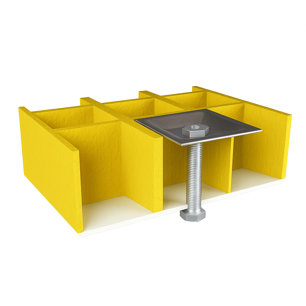 GRP mesh grating panel secured with a stainless steel square fixing clip, bolt, and nut, shown against a white background for installation demonstration.”