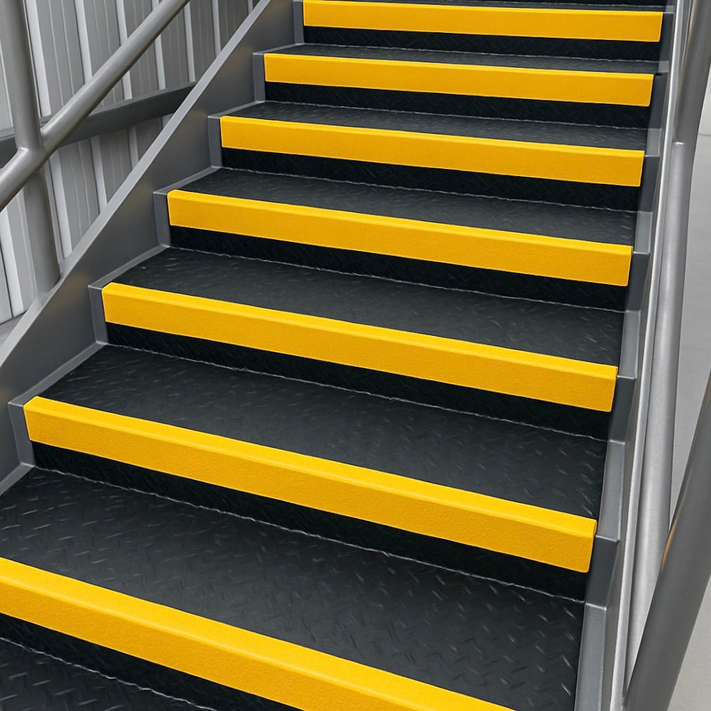 Industrial metal staircase with anti-slip black diamond-plate treads and bright yellow GRP stair nosings, clean and safety-compliant design for factories, warehouses, and commercial buildings.
