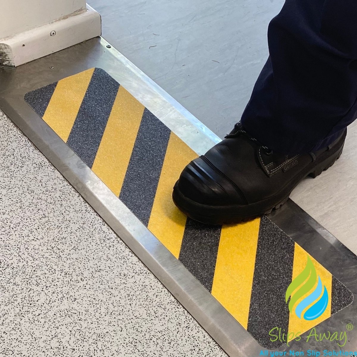 Anti Slip Pre Cut Tile Tread, Hazard Yellow & Black, 150mm x 610mm - Slips Away - SA090 -