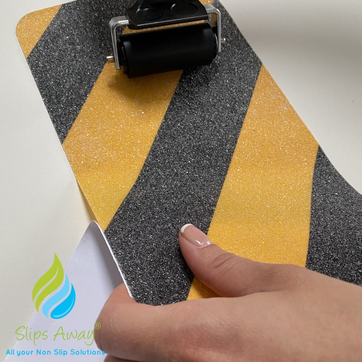 Anti Slip Pre Cut Tile Tread, Hazard Yellow & Black, 150mm x 610mm - Slips Away - SA090 -
