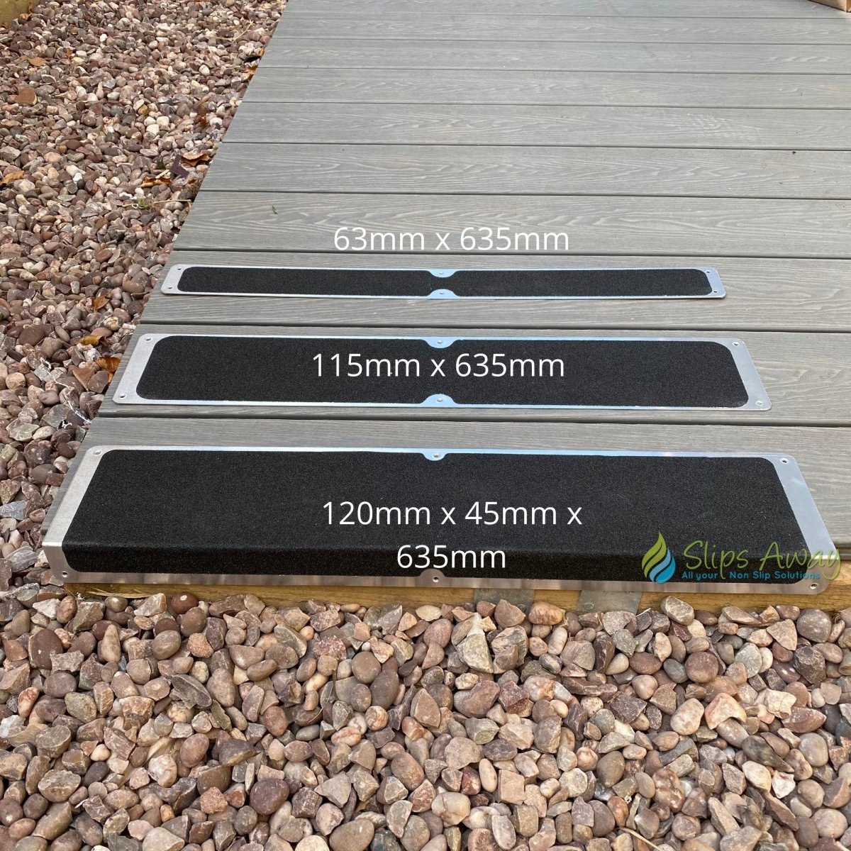 Non Slip Decking Strips Aluminium Screw Down Plates - Slips Away - Decking plate 63mm x 635mm hazard -