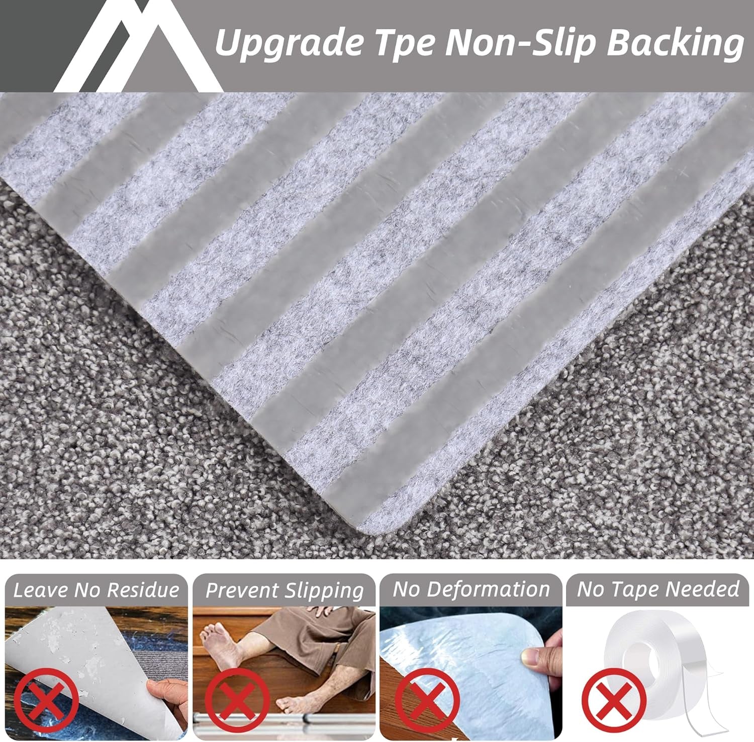 Non-slip stair treads with TPE backing, measuring 22 x 70 cm. Machine washable, self-adhesive pads are made of 100% polyester 