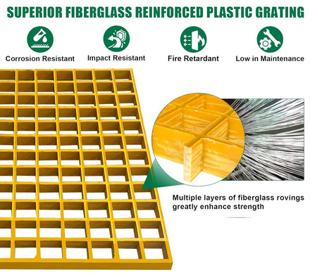 38Mm Thick GRP Grating Panels Square L600Xw600Mm Fiberglass Moulded Gratings Bar Grate 38Mm Mini Mesh Grating Panel Grille for Platforms Walkways Flooring Ramps Water Treatment Yellow
