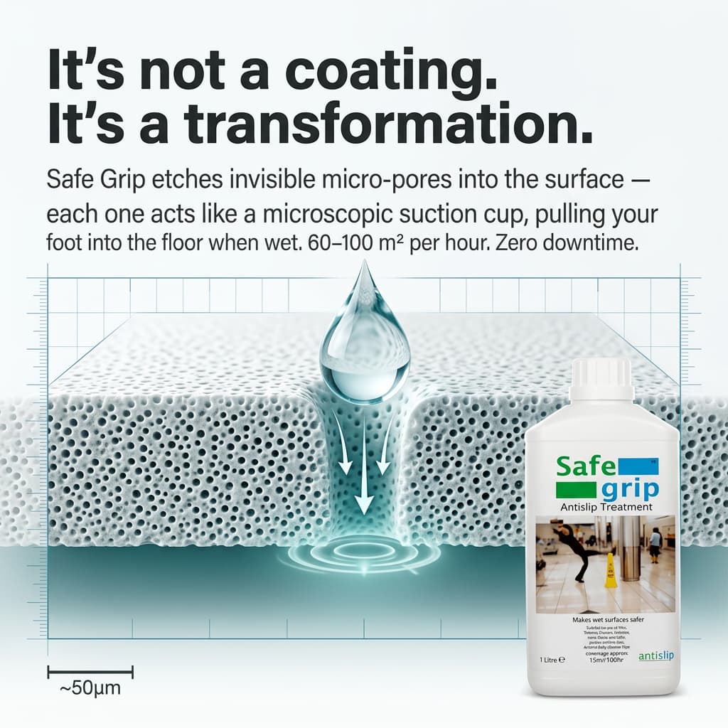 SafeGrip anti-slip floor treatment creating microscopic pores for wet-floor grip