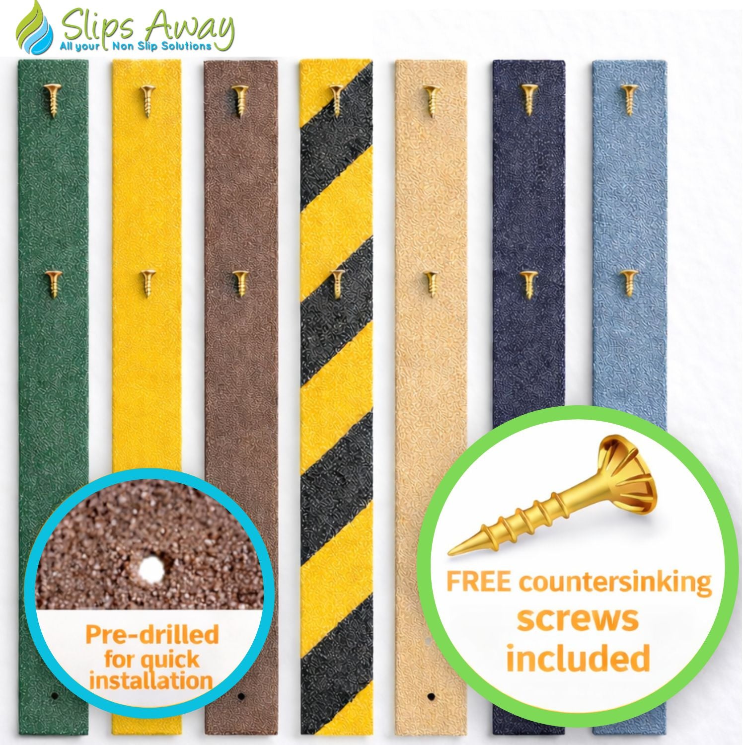 Set of colorful anti-slip strips with pre-drilled holes and free countersinking screws included, branded 'Slips Away'.