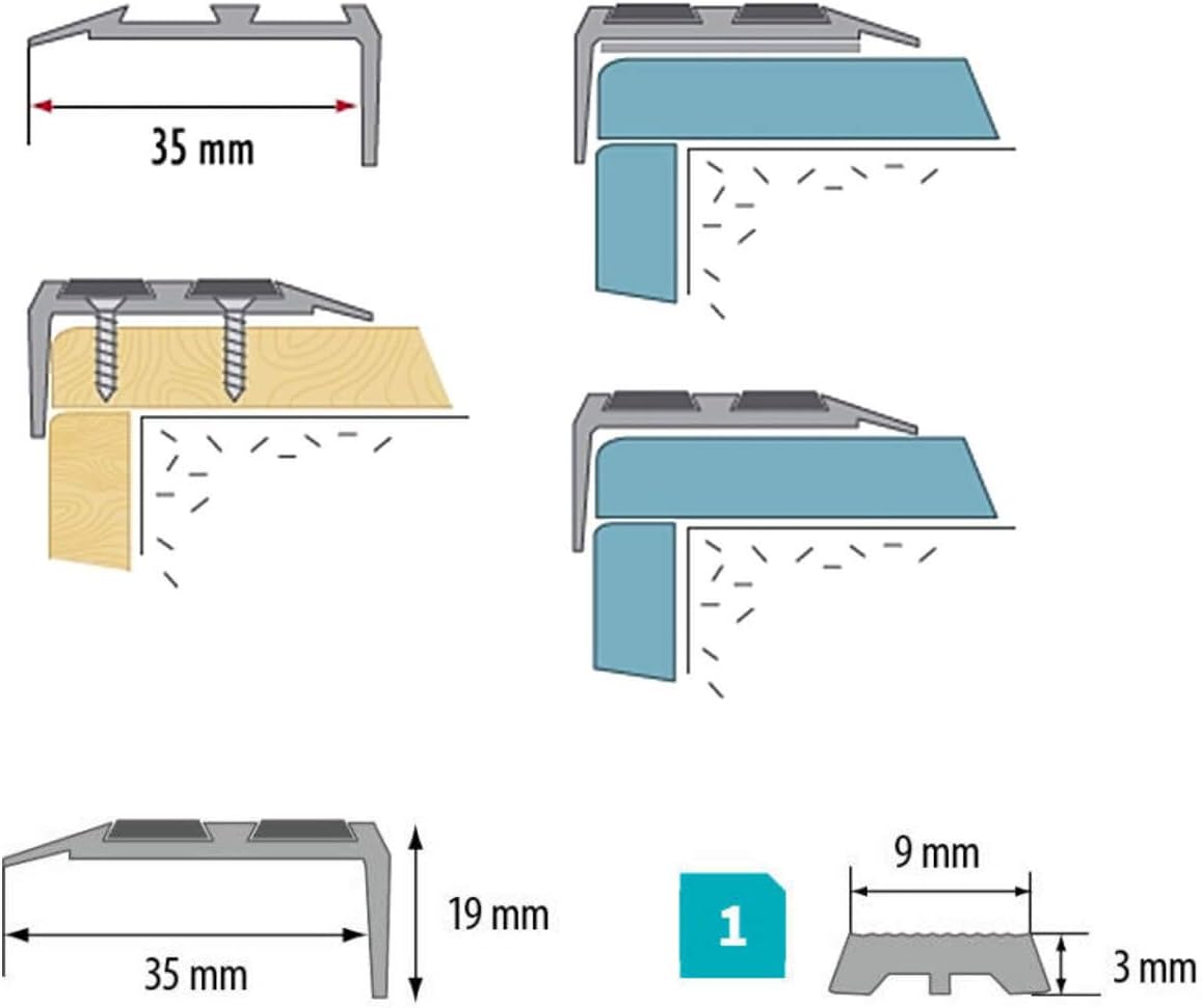 Aluminium Anti-Slip Stair Nosing Trim – Hidden Fix Step Edge Protector – 1800mm / 2500mm