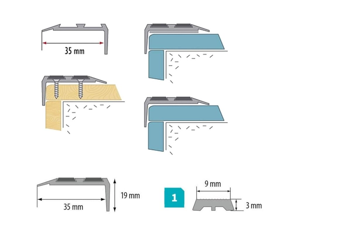 Aluminium Anti-Slip Stair Nosing Trim – Step Edge Protector – 900mm x 35mm x 20mm