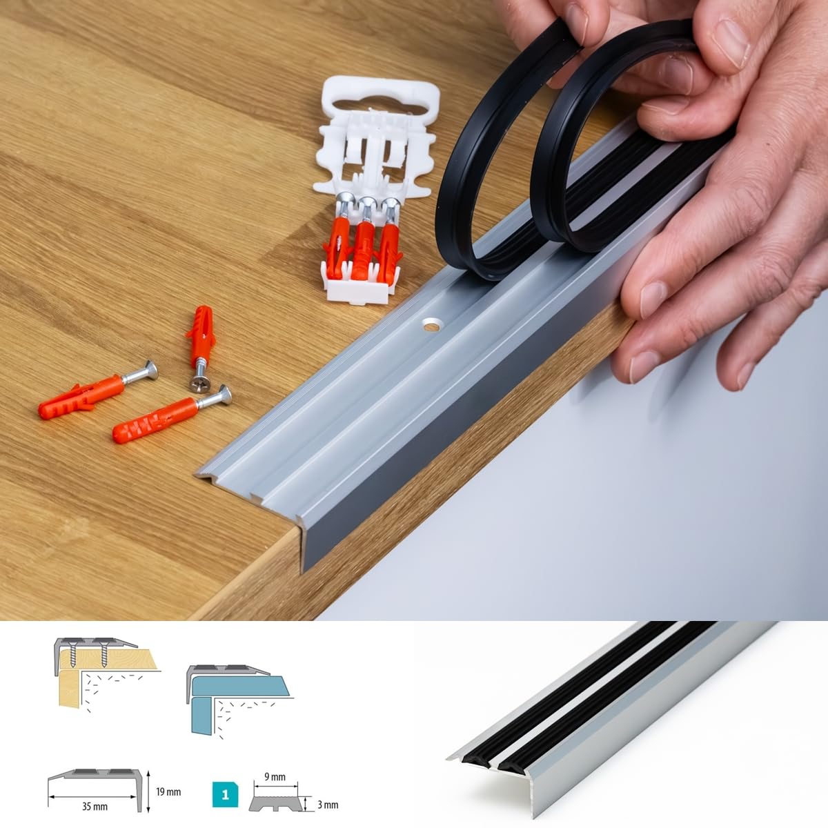 Aluminium Anti-Slip Stair Nosing Trim – Step Edge Protector – 900mm x 35mm x 20mm