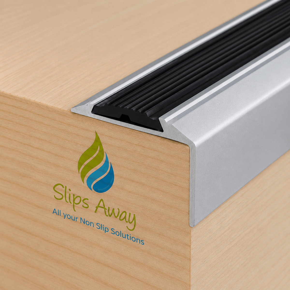 Wooden floor with a metal strip and 'Slips Away' logo on a beige background