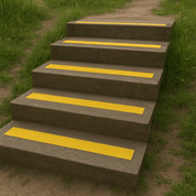 Outdoor wooden steps fitted with yellow 90mm GRP anti-slip decking strips, providing slip resistance on weathered timber stairs surrounded by grass and a natural dirt path.