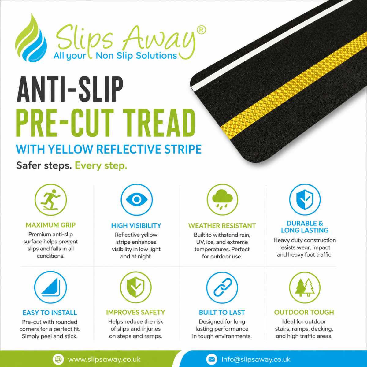 Anti Slip Pre Cut Tile Tread, Black & Yellow Reflective. Stripe, 150mm x 610mm - Slips Away - Anti slip tape - H3412YUA-150mm-x-610mm-Reflective-and-Glow-in-the-Dark-Stripe-Tile -