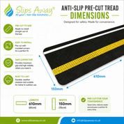 Anti Slip Pre Cut Tile Tread, Black & Yellow Reflective. Stripe, 150mm x 610mm - Slips Away - Anti slip tape - H3412YUA-150mm-x-610mm-Reflective-and-Glow-in-the-Dark-Stripe-Tile -