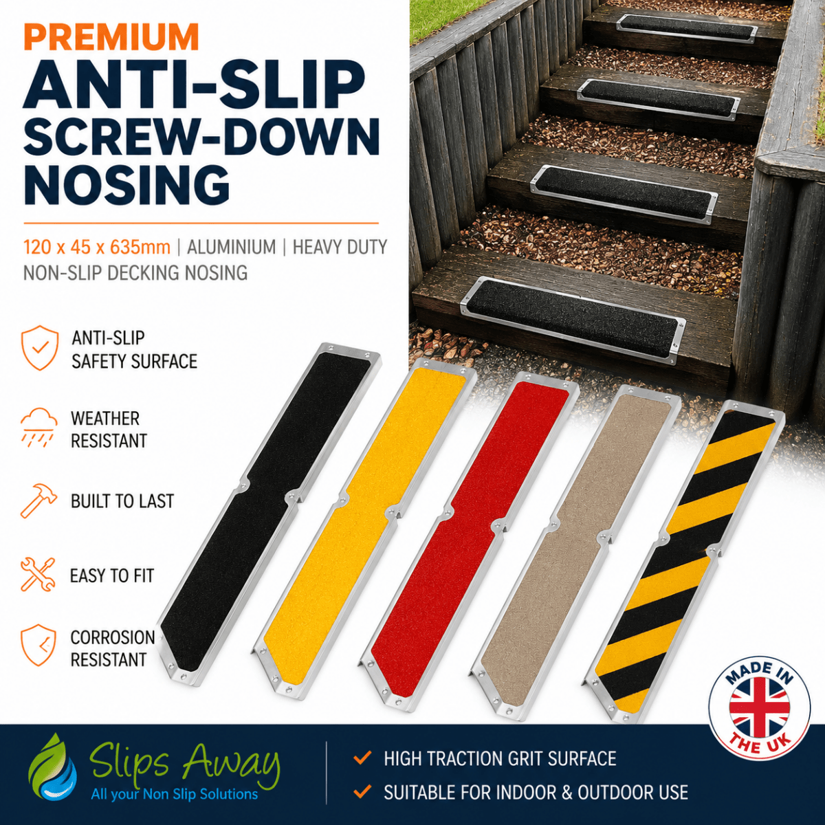 Anti-slip screw-down nosings with color options on a white background