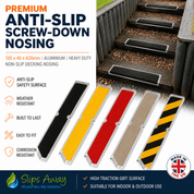 Anti-slip screw-down nosings with color options on a white background