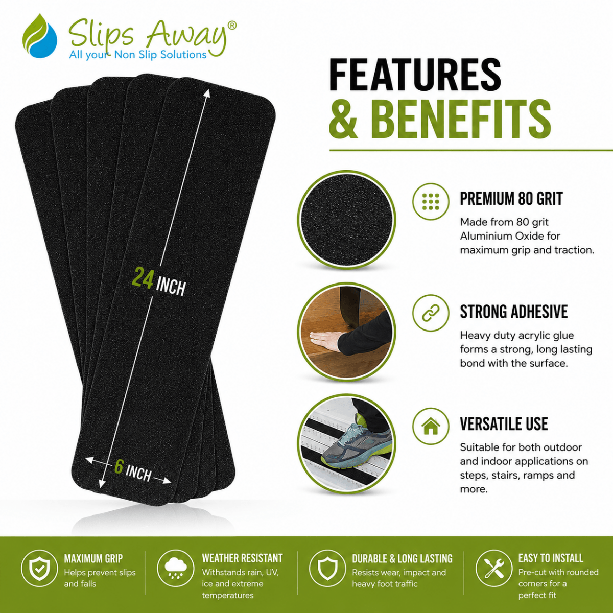 Anti-Slip Tape Treads 150mm x 610mm Black - High-Traction Non-Slip Safety Tape - 5x Pack - Slips Away - Anti slip tape - SA096 -