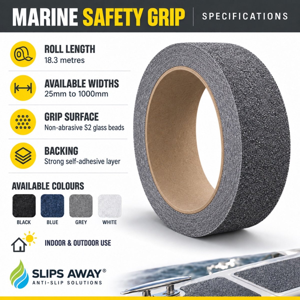 Anti Slip Waterproof Resistant Marine Safety-Grip Non Skid Tape perfect for Boats - Slips Away - Anti slip tape - Marine-Safety-Grip-Black-25mm -