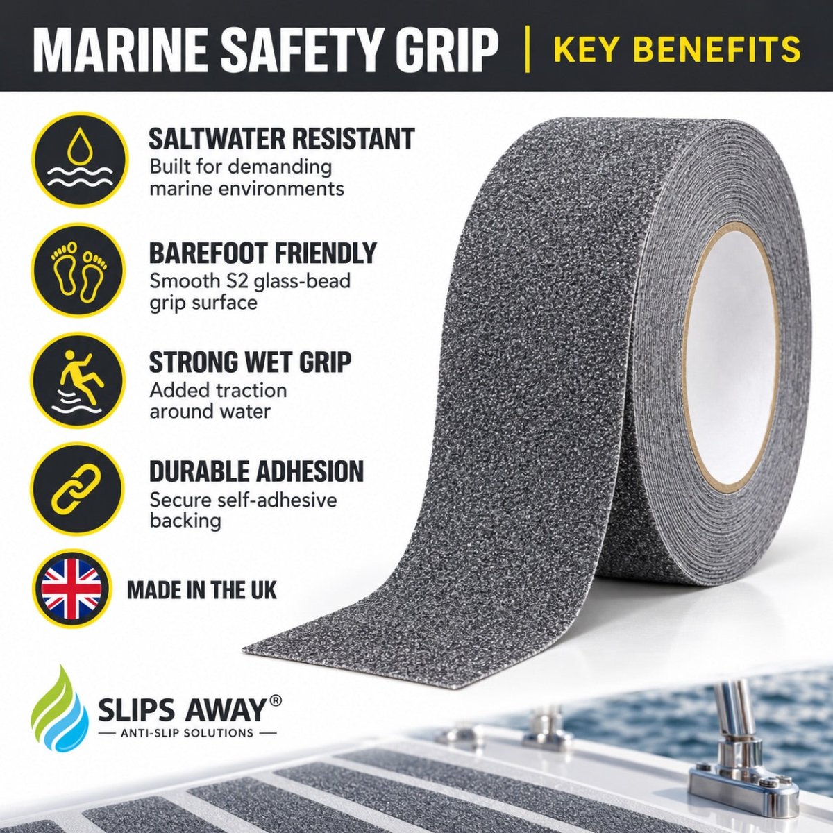 Anti Slip Waterproof Resistant Marine Safety-Grip Non Skid Tape perfect for Boats - Slips Away - Anti slip tape - Marine-Safety-Grip-Black-25mm -