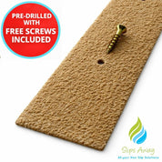 Beige textured decking strip with a pre-drilled hole and screw, featuring 'Slips Away' logo.