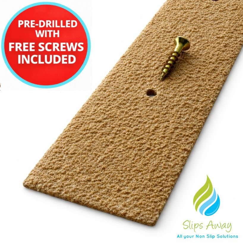 Beige textured decking strip with a pre-drilled hole and screw, featuring 'Slips Away' logo.
