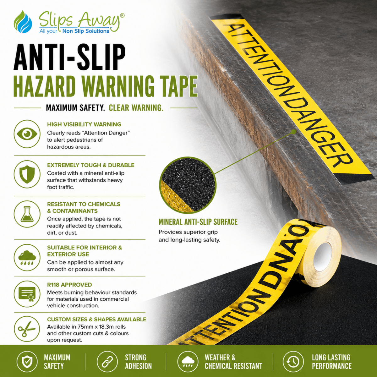 Black and Yellow Attention Danger Warning Anti-Slip Tape - 75mm x 18.3mm - Slips Away - Anti slip tape - Black Yellow Attention Danger 75mmx18.3 -